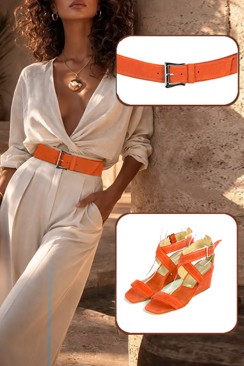 Women's clementine orange elegant fully open cross straps sandals. Square toe. Medium wedge heels - Worn view